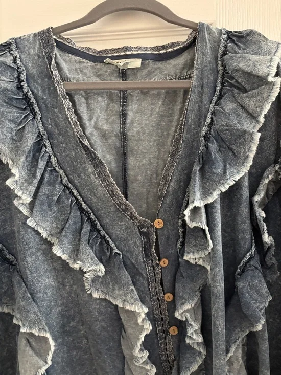 Denim Ruffle Button-Front Kimono - Picture 3 of 6
